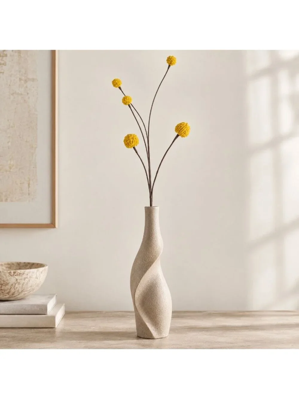 Artificial Yellow Craspedia Billy Ball Stem, 19 Inch 5 Head Faux Flower, Fall We